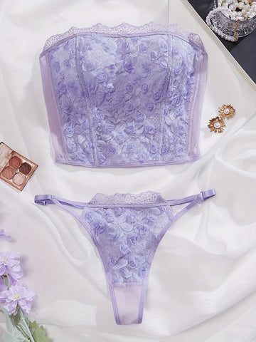 Ensemble de lingerie en dentelle à rose en 3D