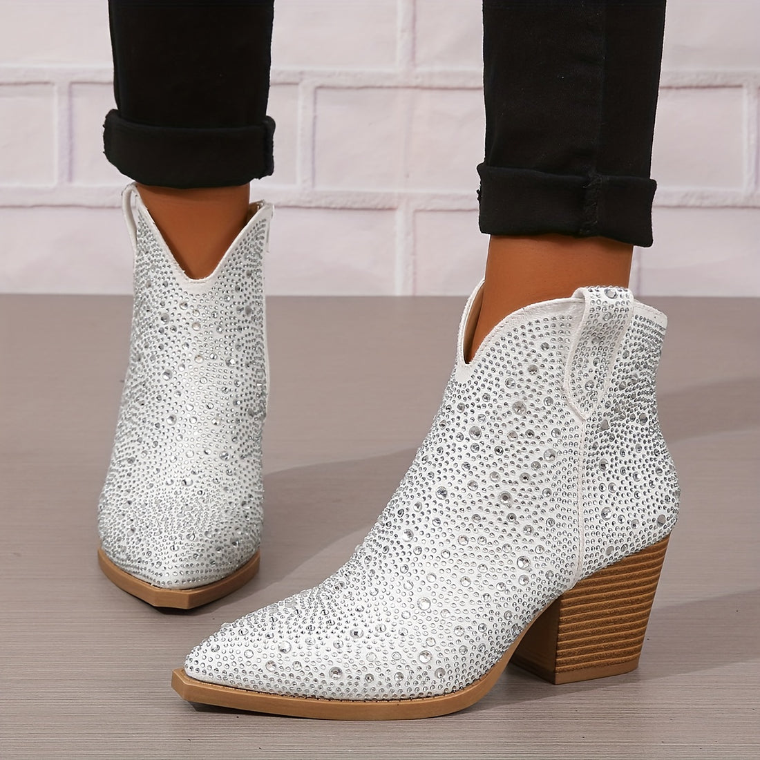 Bottes à Talons Chunky en Diamants Blancs pour Femmes