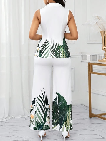 Women's Floral V-Neck Top and Wide Leg Pants Set