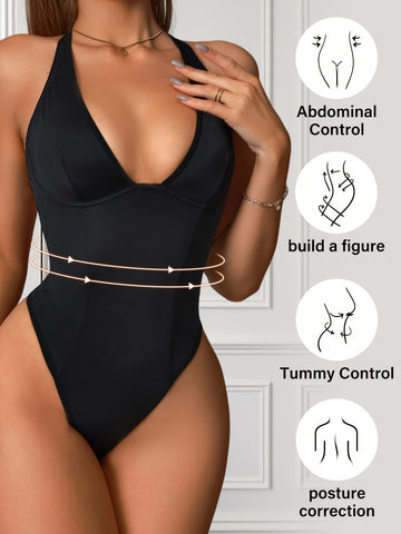 Body Sculptant Femme en Tricot Uni avec Détails Croisés