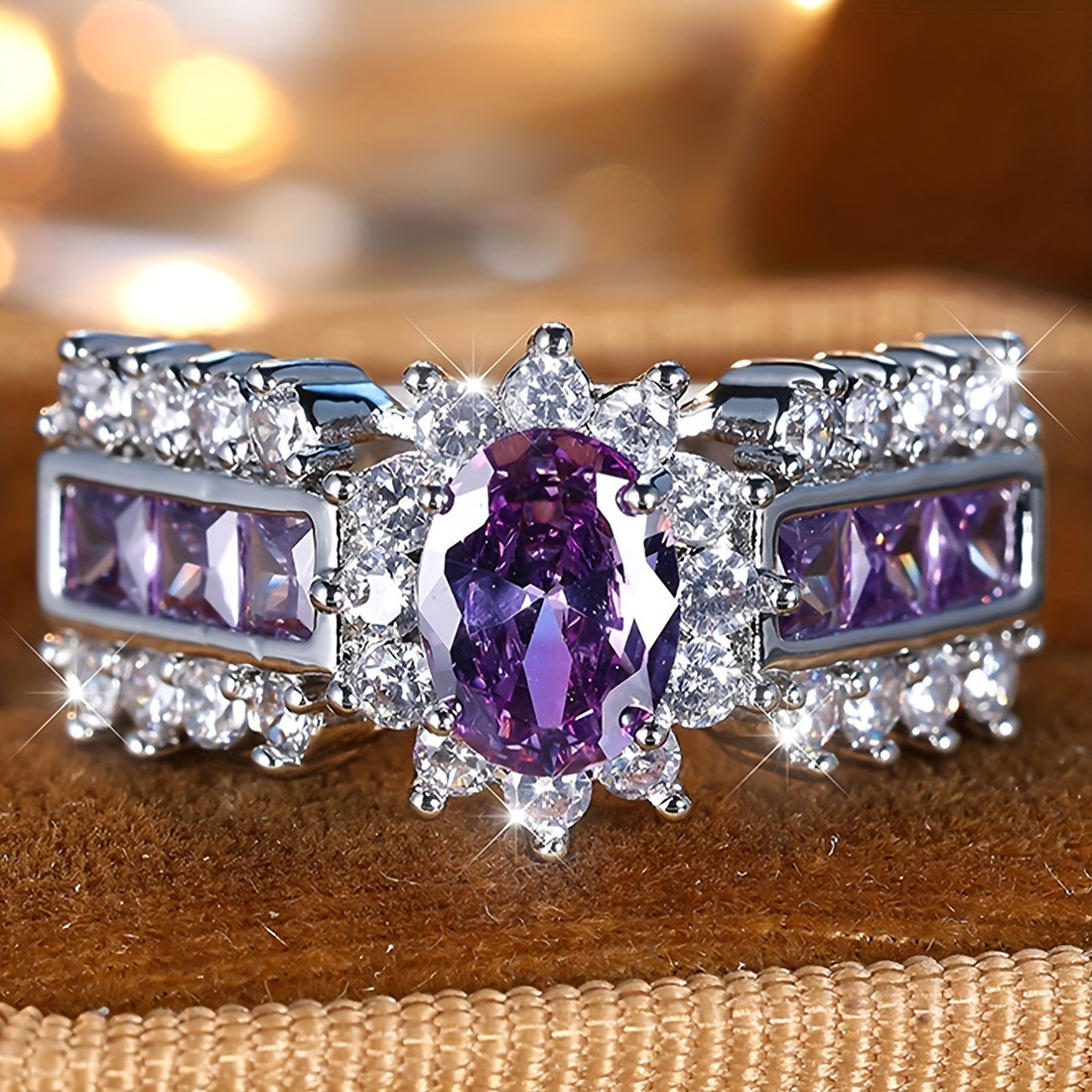 Elegant Boho Cocktail Ring with Purple Zirconia