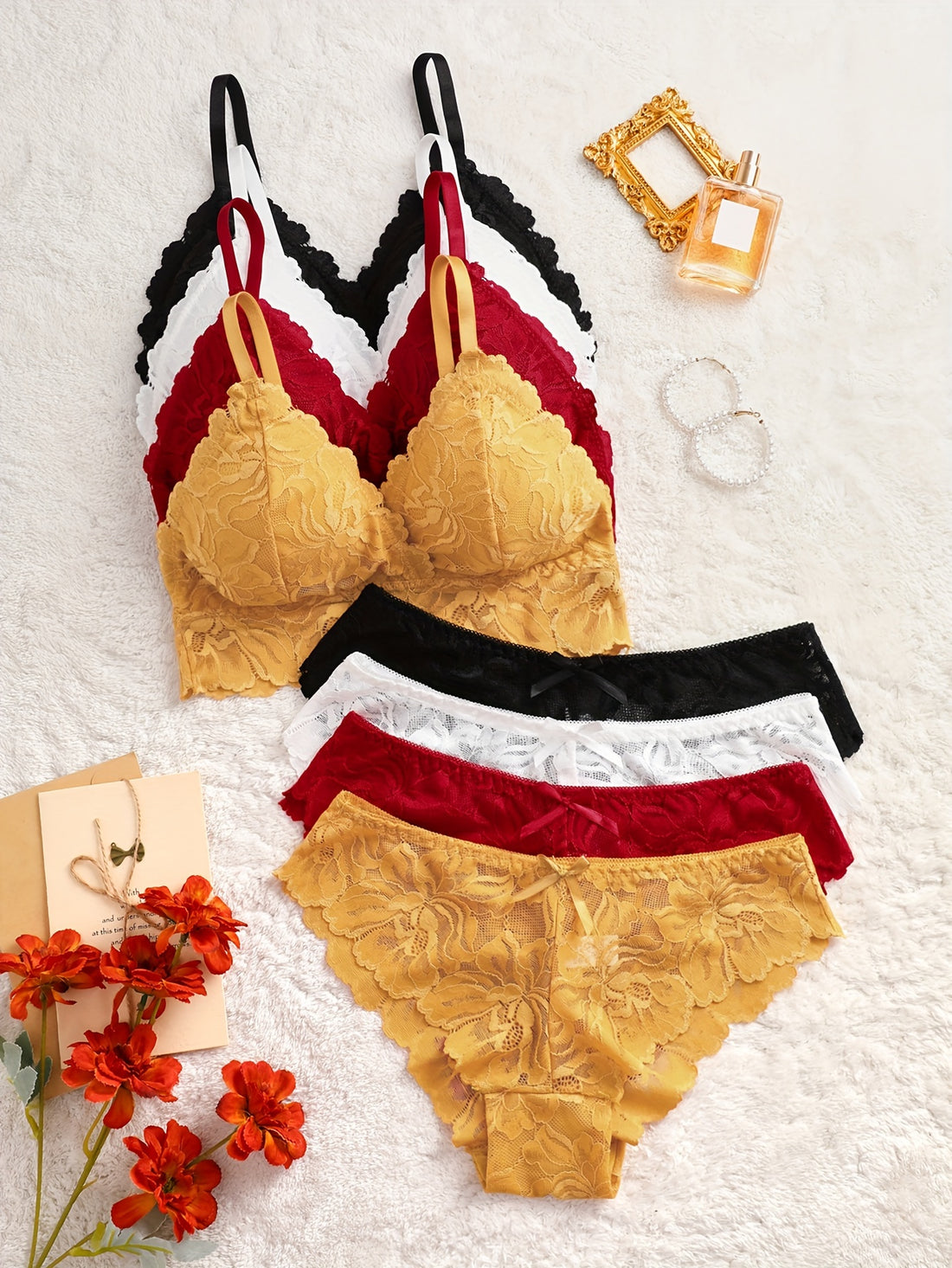 Floral Lace Lingerie Set - 4 Pieces