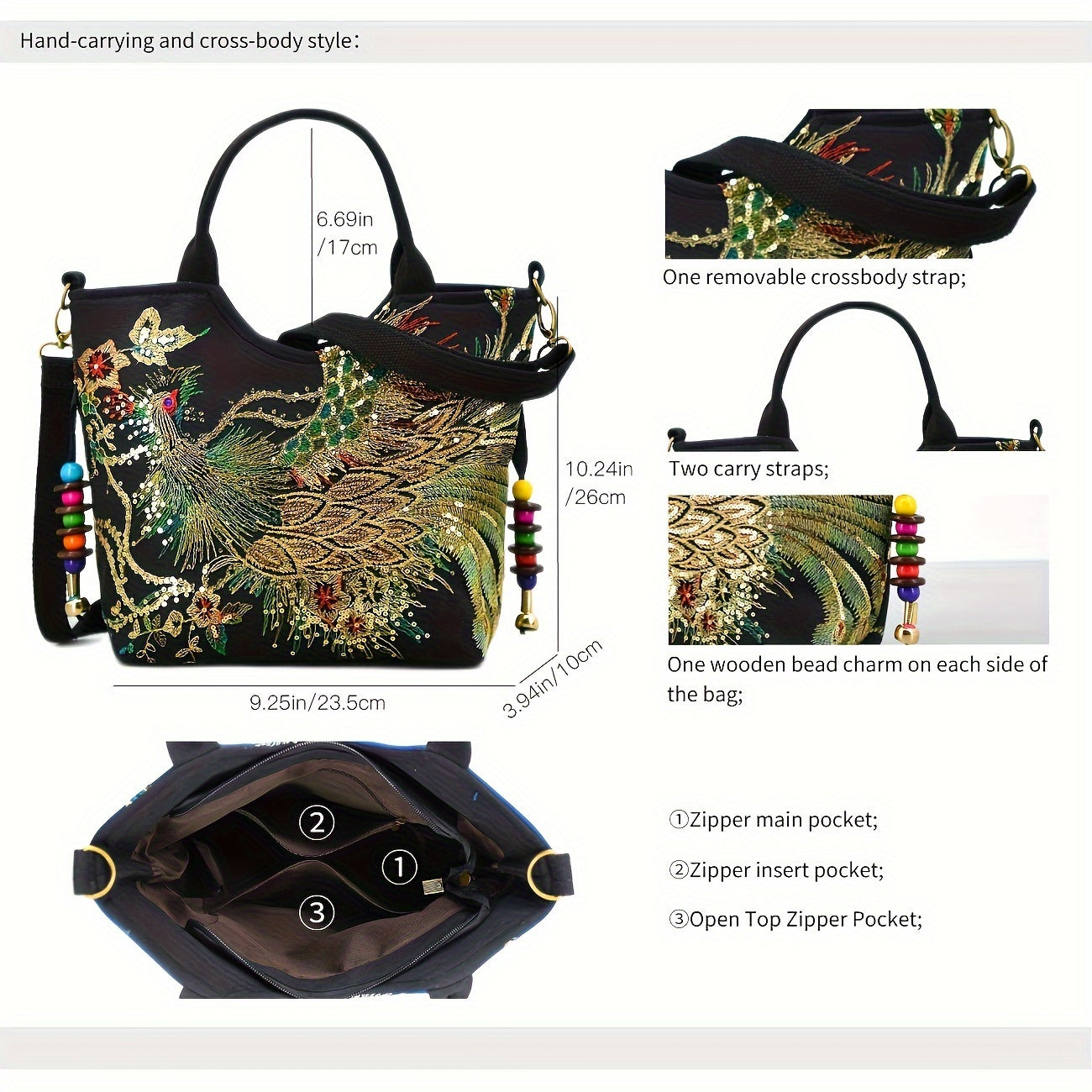 Ethnic peacock sequin tote bag