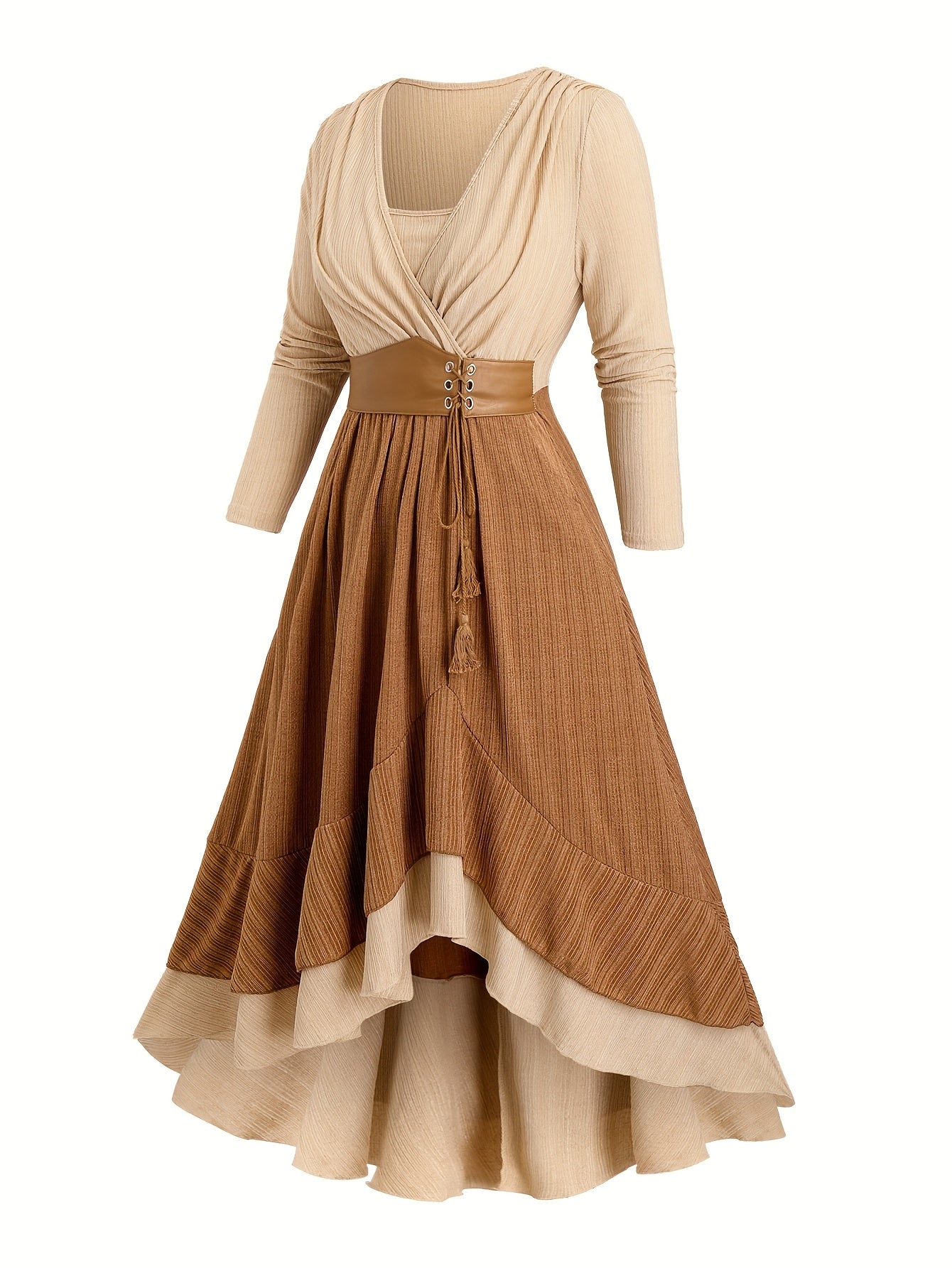 Elegant Patch Dress with Belt and Fringed Pocket