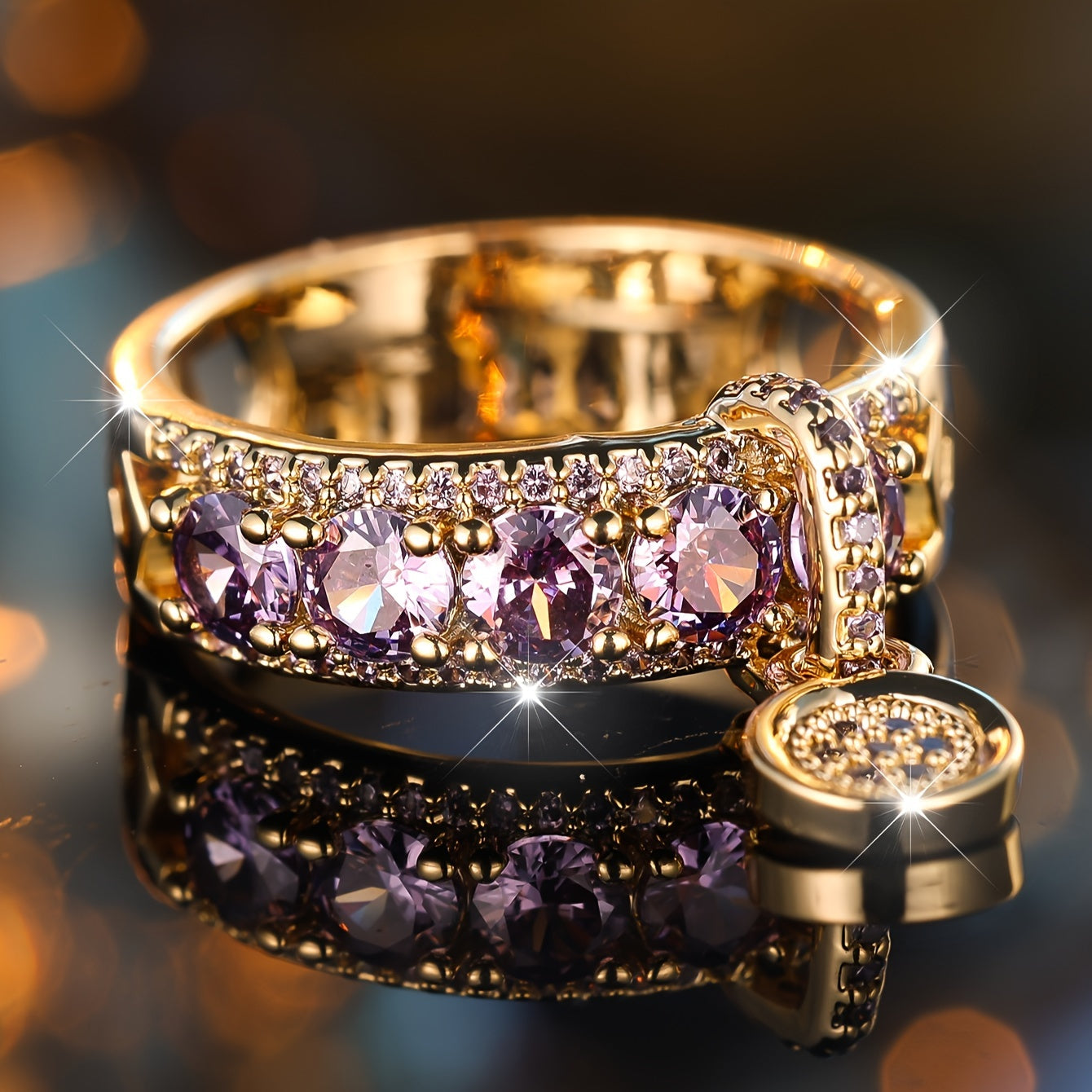 Bague en cuivre boho avec pendentif violet en zirconium