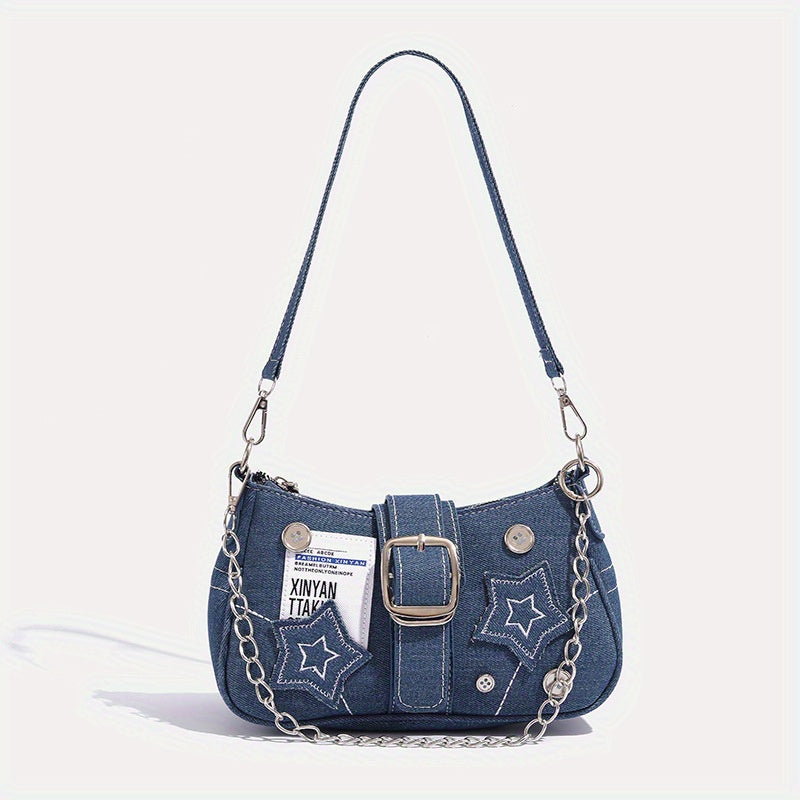 Y2K Denim Crossbody Bag for Women - Blue with Star Embroidery