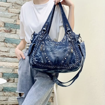 Women's Denim Shoulder Bag with Studs