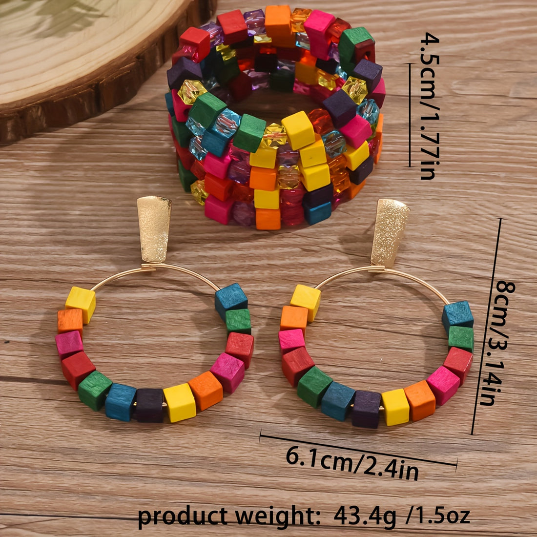 Boho Colorful Wooden Bracelet with Dangle Earrings - 7 Pieces