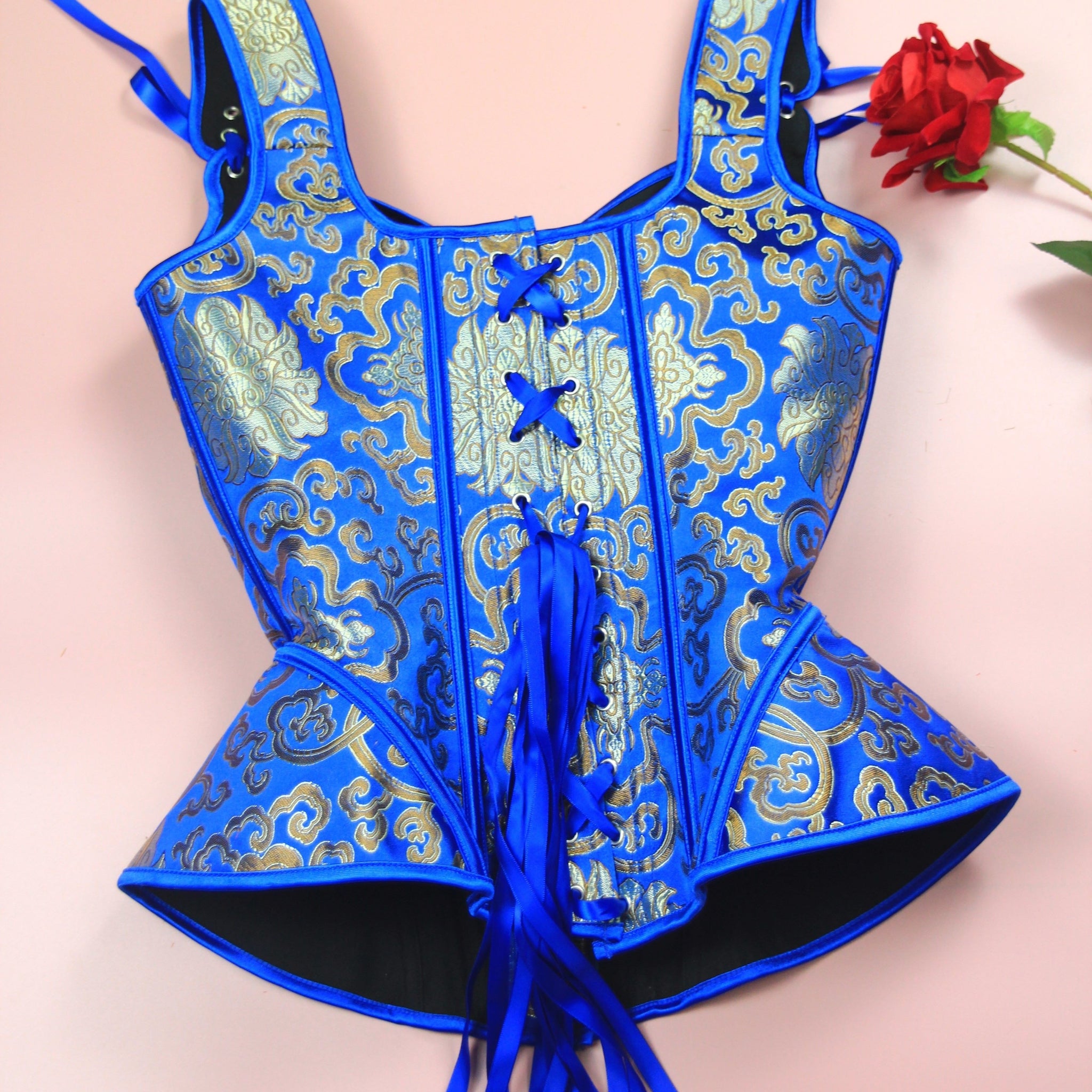 Royal Blue Jacquard Floral Corset - Cinched Belt