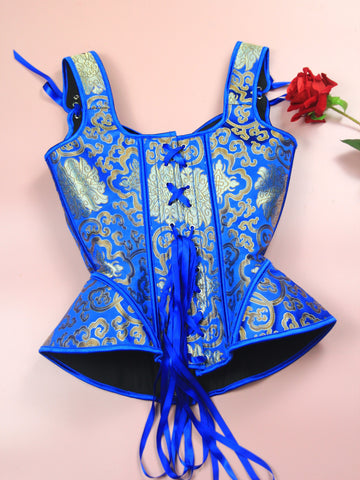 Royal Blue Jacquard Floral Corset - Cinched Belt