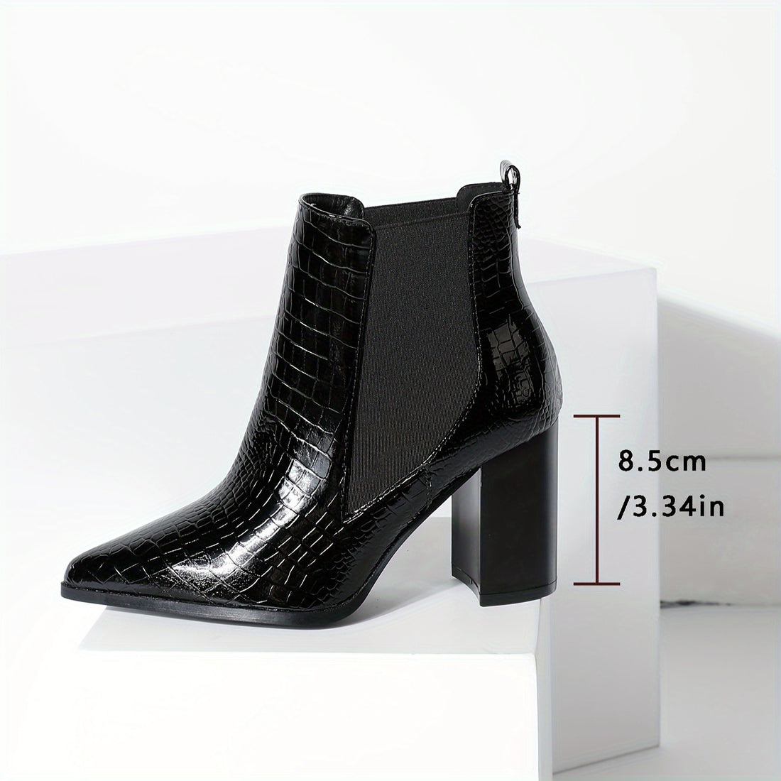 Women's Chunky Heel Ankle Boots with Crocodile Pattern