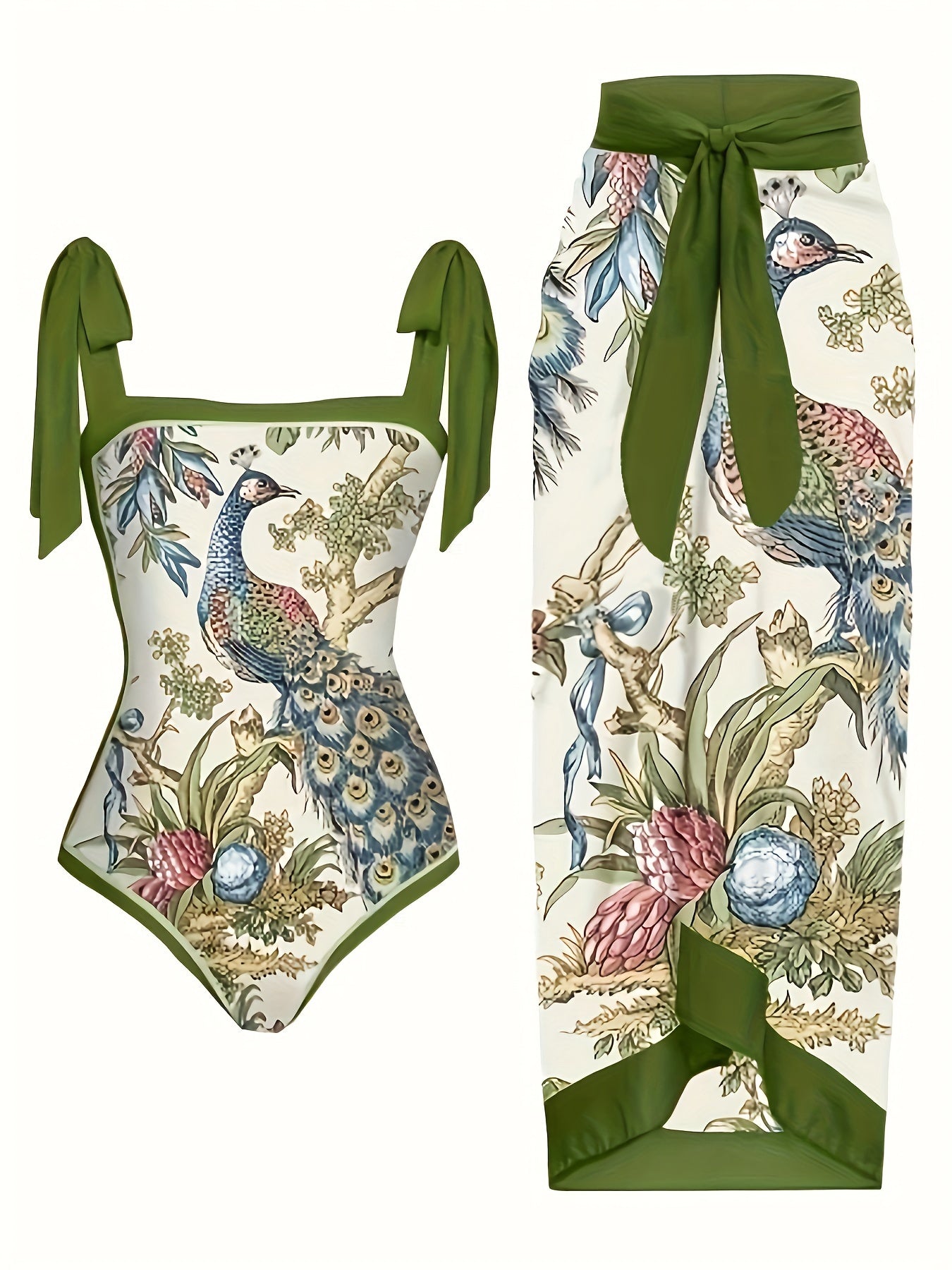 Bird and Flower Print 2-Piece Swimsuit