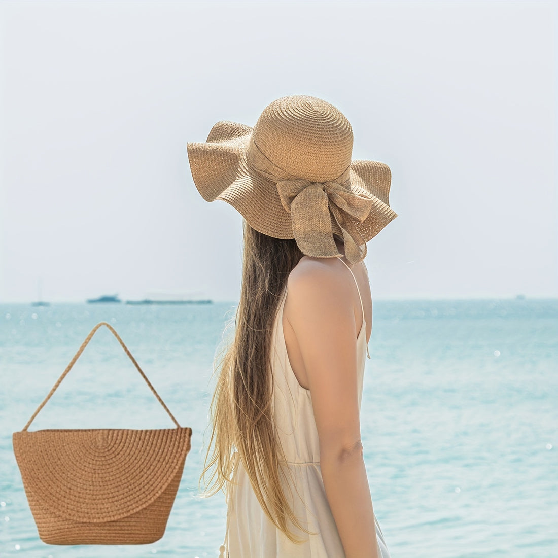 Minimalist Straw Hat and Bag Set in Khaki