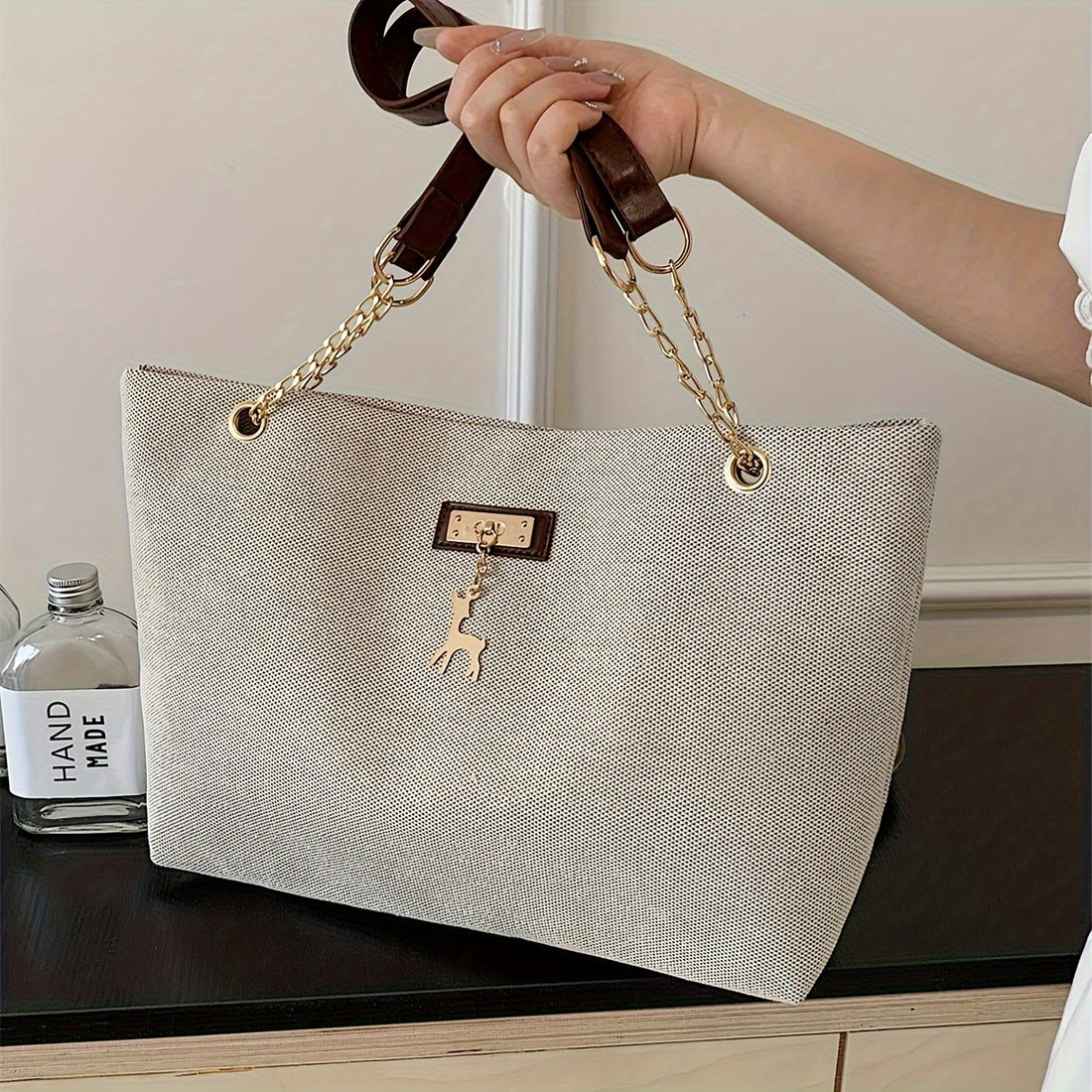 Women's Polyester Tote Bag with Deer Charm