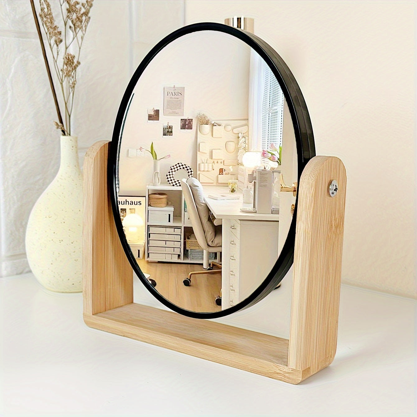 Miroir de Maquillage Double Face en Bois Élégant avec Grossissement