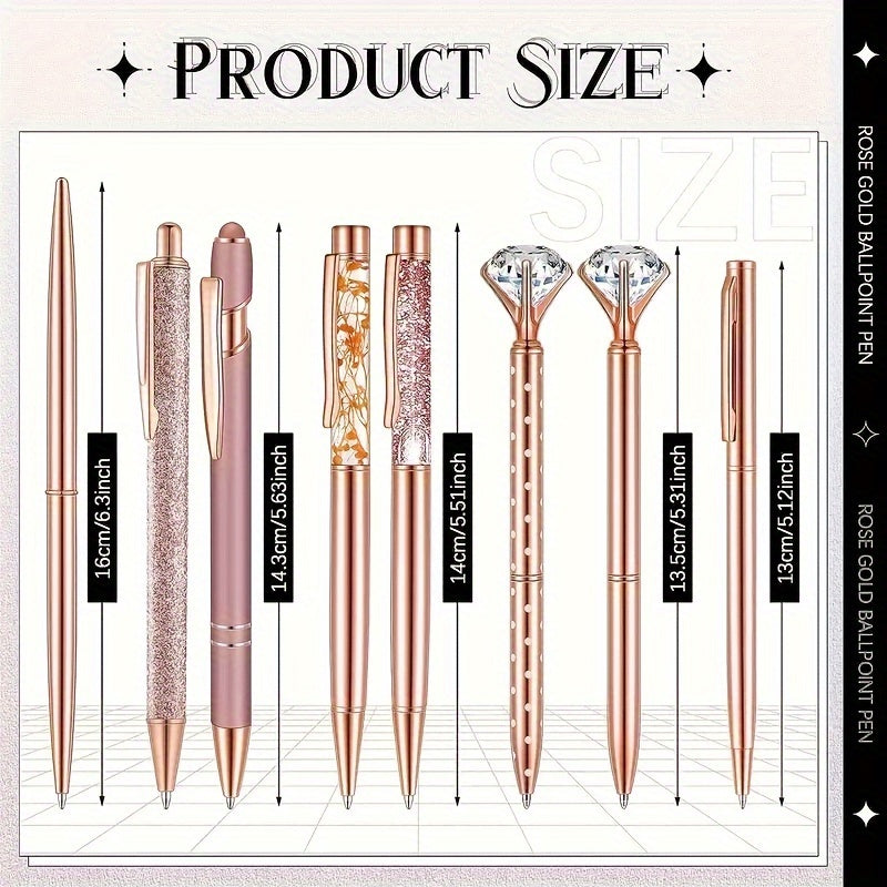 Set of 8 Rose Gold Metallic Pens with Crystal Decorations