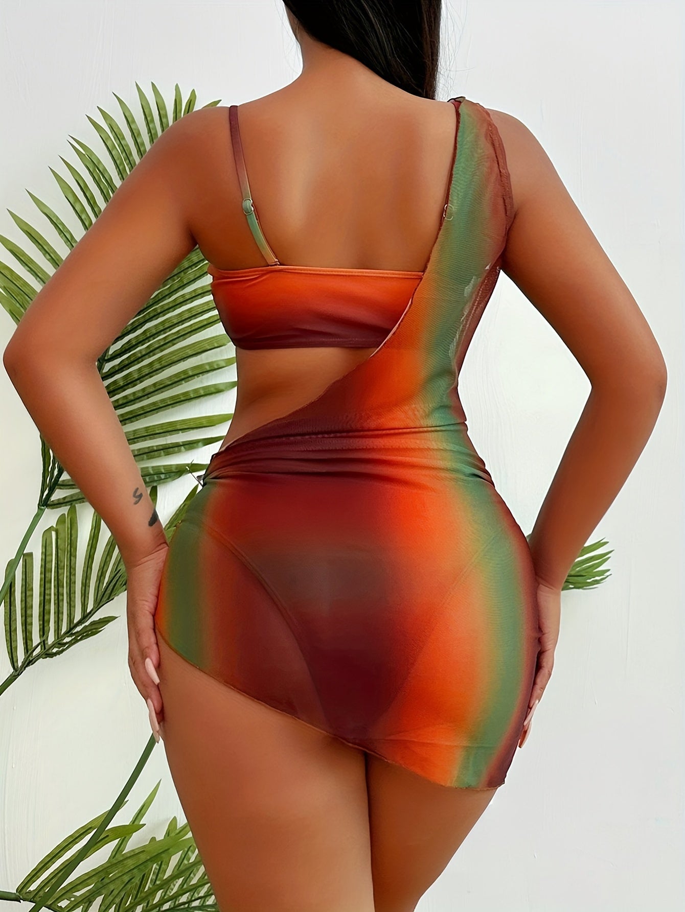 Brown Gradient Print Mesh Asymmetric Bikini Set