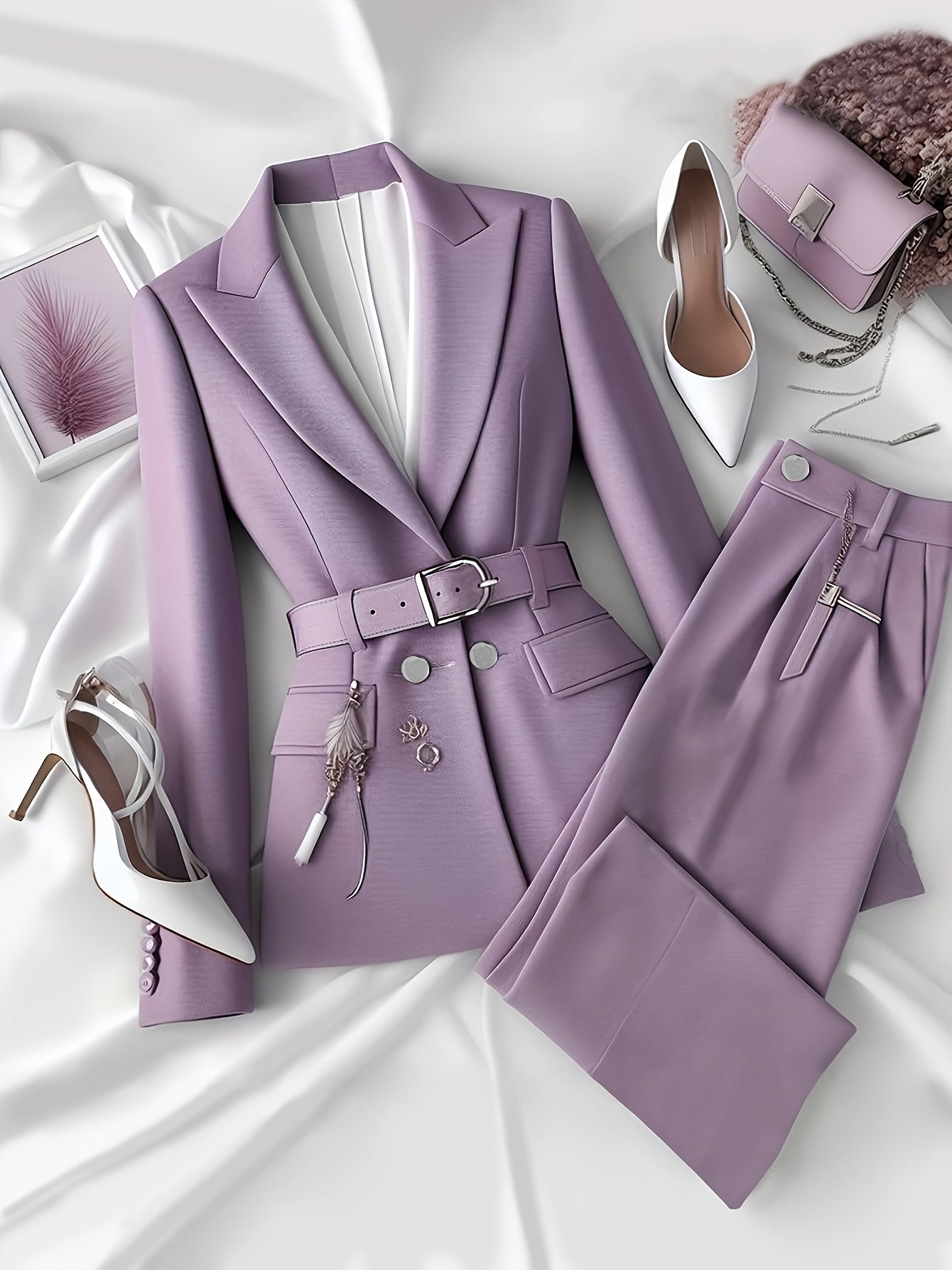 Elegant Urban Suit in Solid Color with Belt and Long Pants