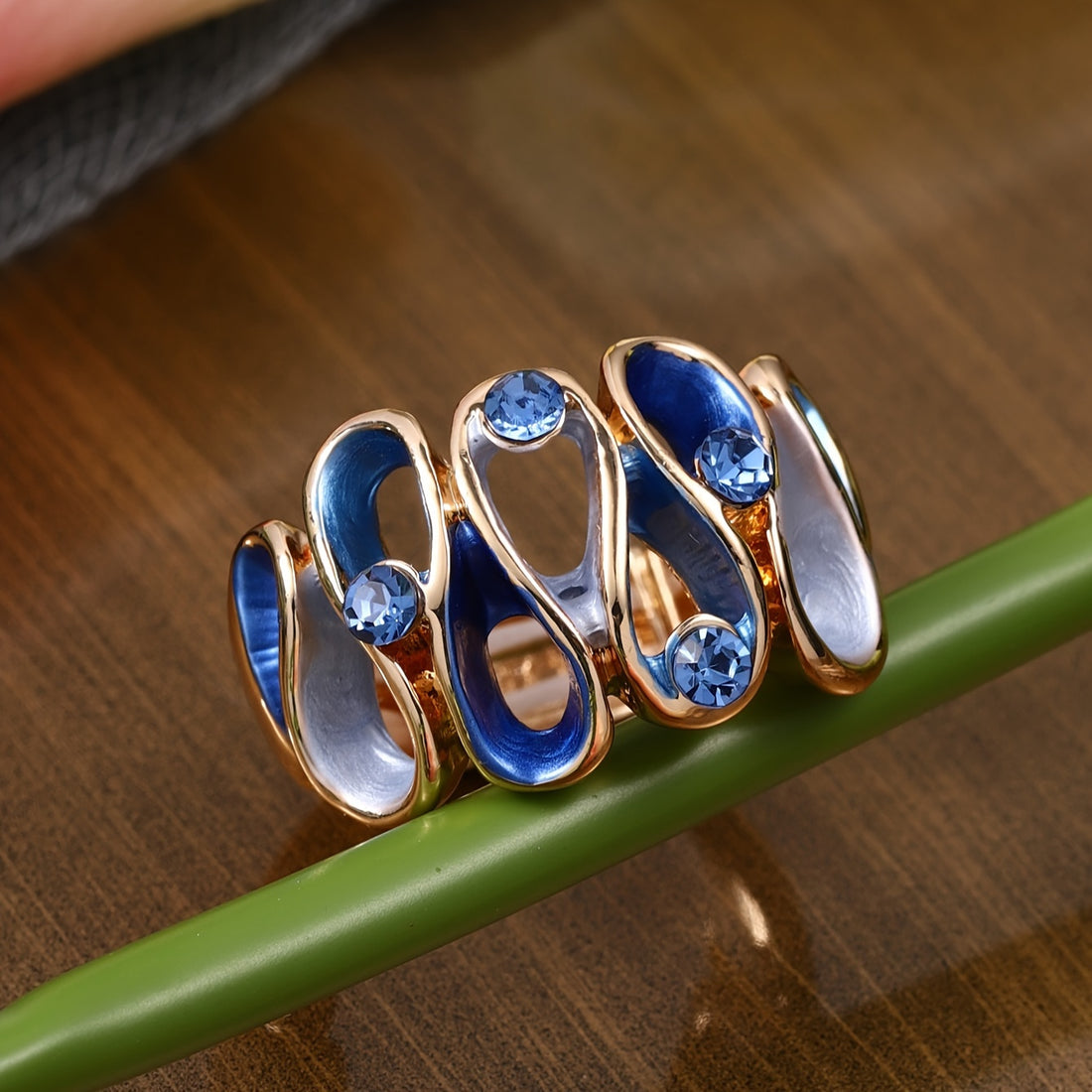 Royal Blue Adjustable Enamel Ring with Rhinestone Accents