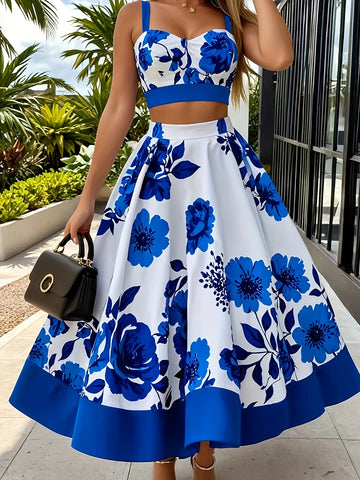 Elegant Floral Skirt Set - V-Neck Crossover Top and High Waist Flared Skirt