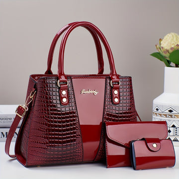 Set of 3 Elegant PU Handbags - Crocodile Pattern