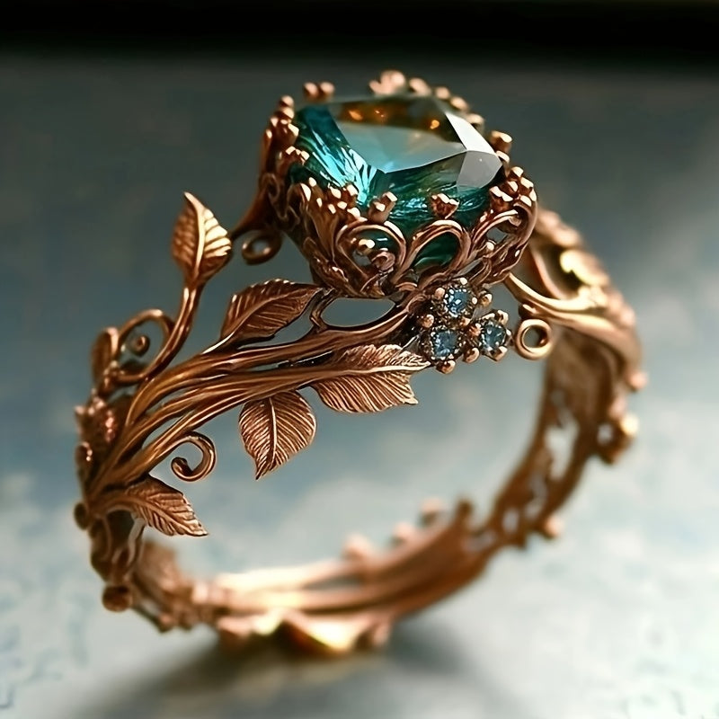 Elegant Leaf Shaped Copper Ring with Synthetic Zircon