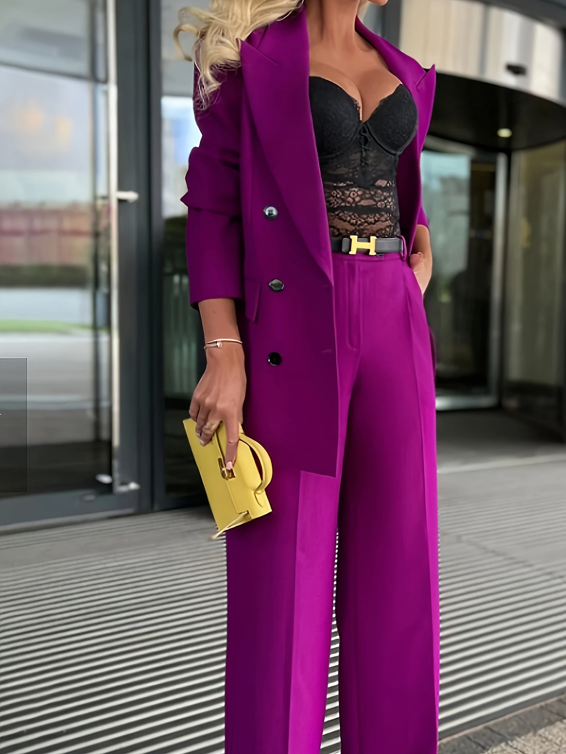 Ensemble Blazer Double Boutonnage et Pantalon Droit Femme