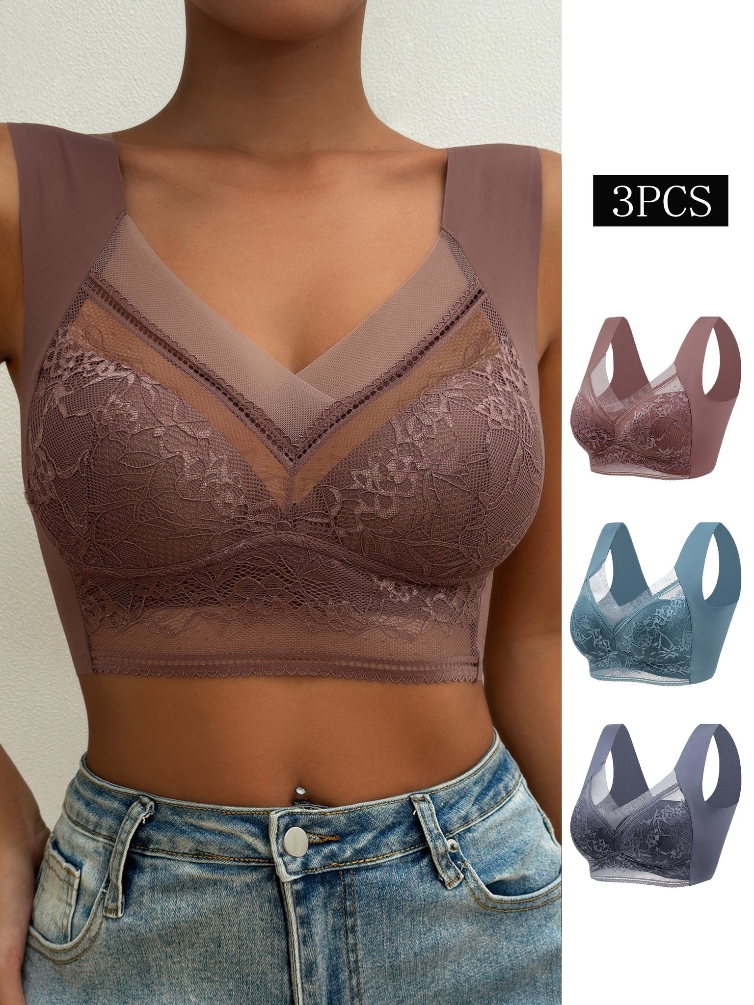 Contrast Lace Wireless Bra - 3 Pieces