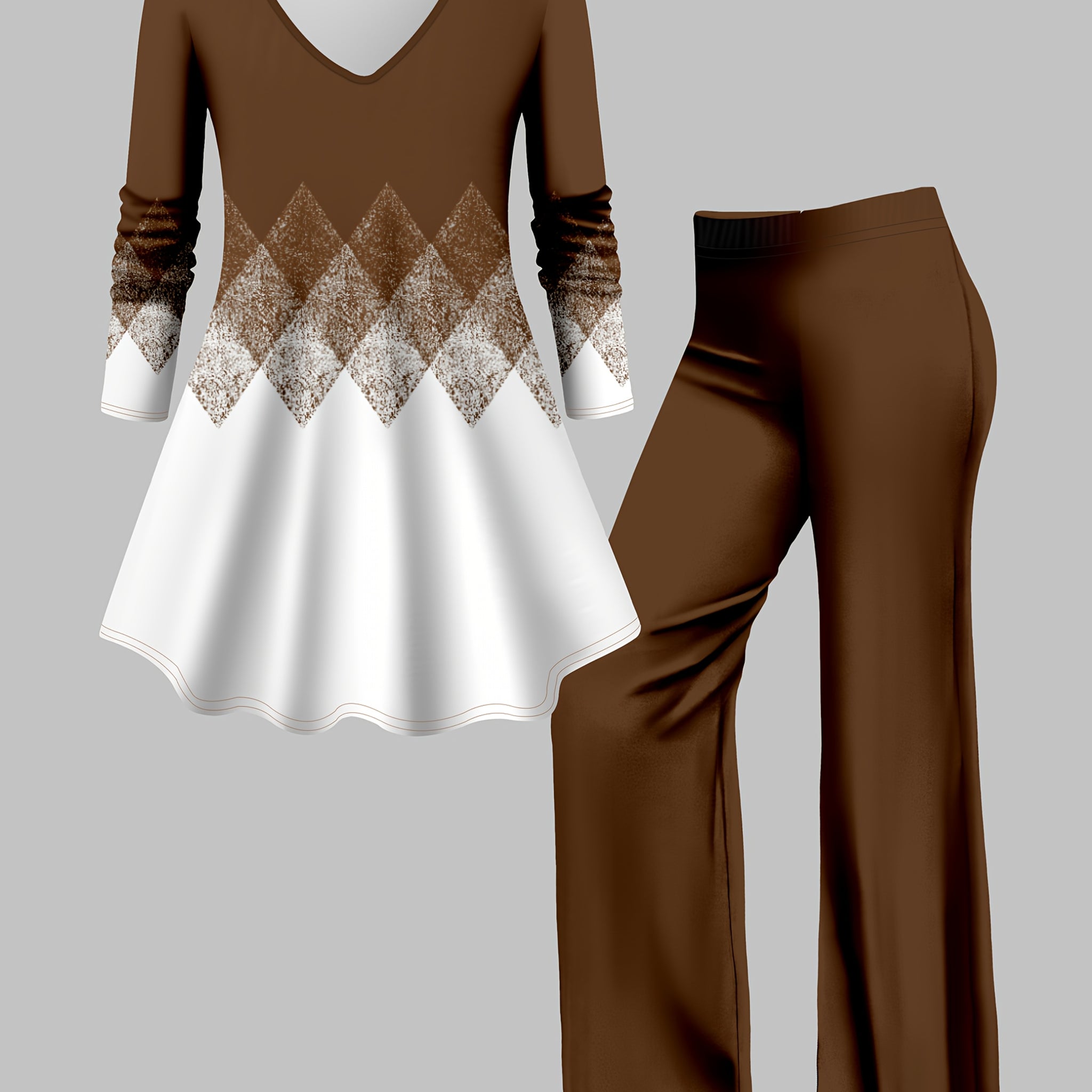 Women's Elegant Set: Geometric Pattern V-Neck Top and Solid Pants