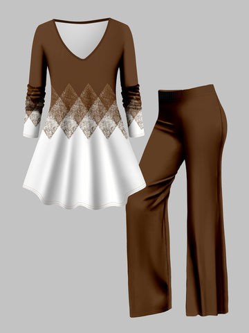 Women's Elegant Set: Geometric Pattern V-Neck Top and Solid Pants