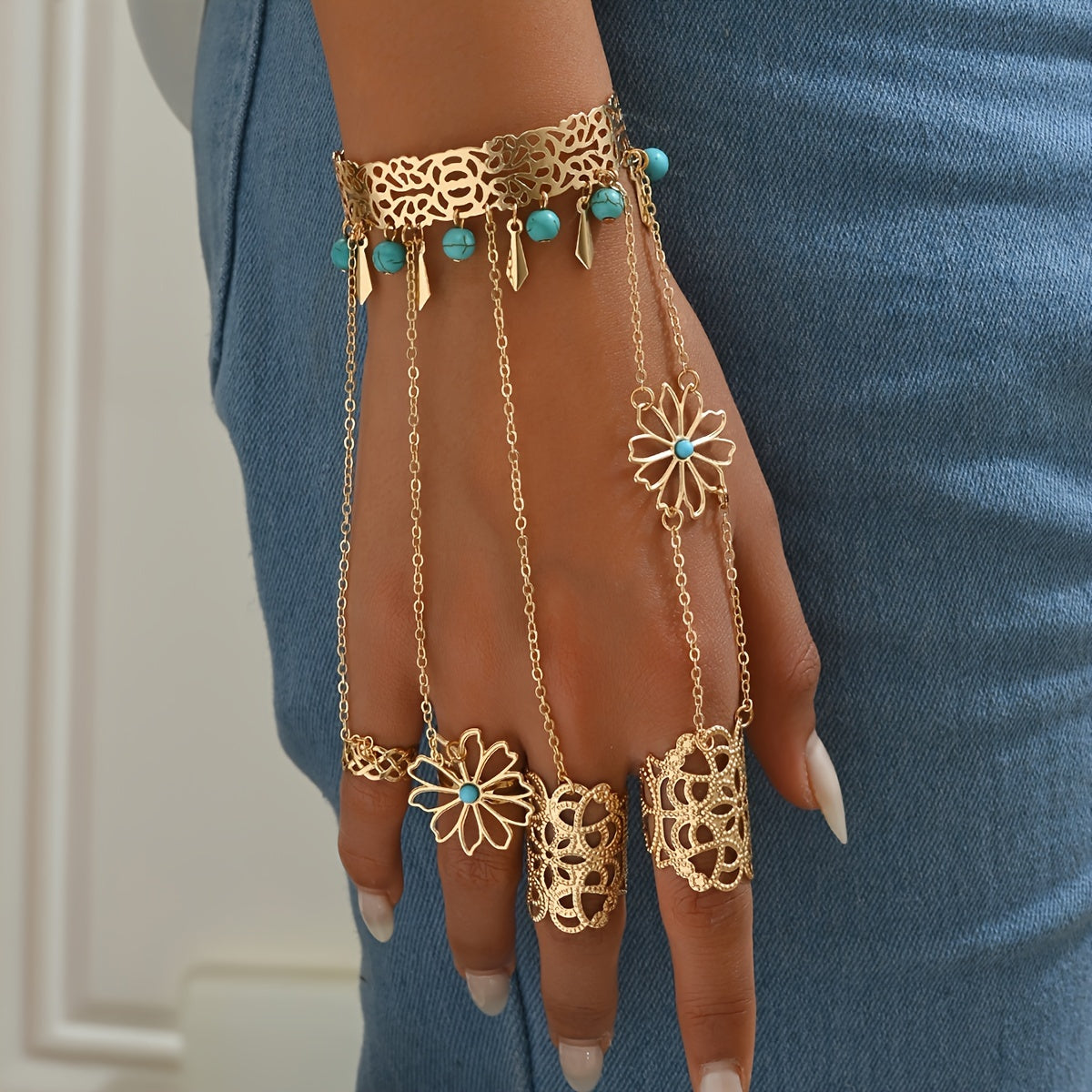 Bohemian Chic Alloy Floral Finger Bracelet with Turquoise Pendant