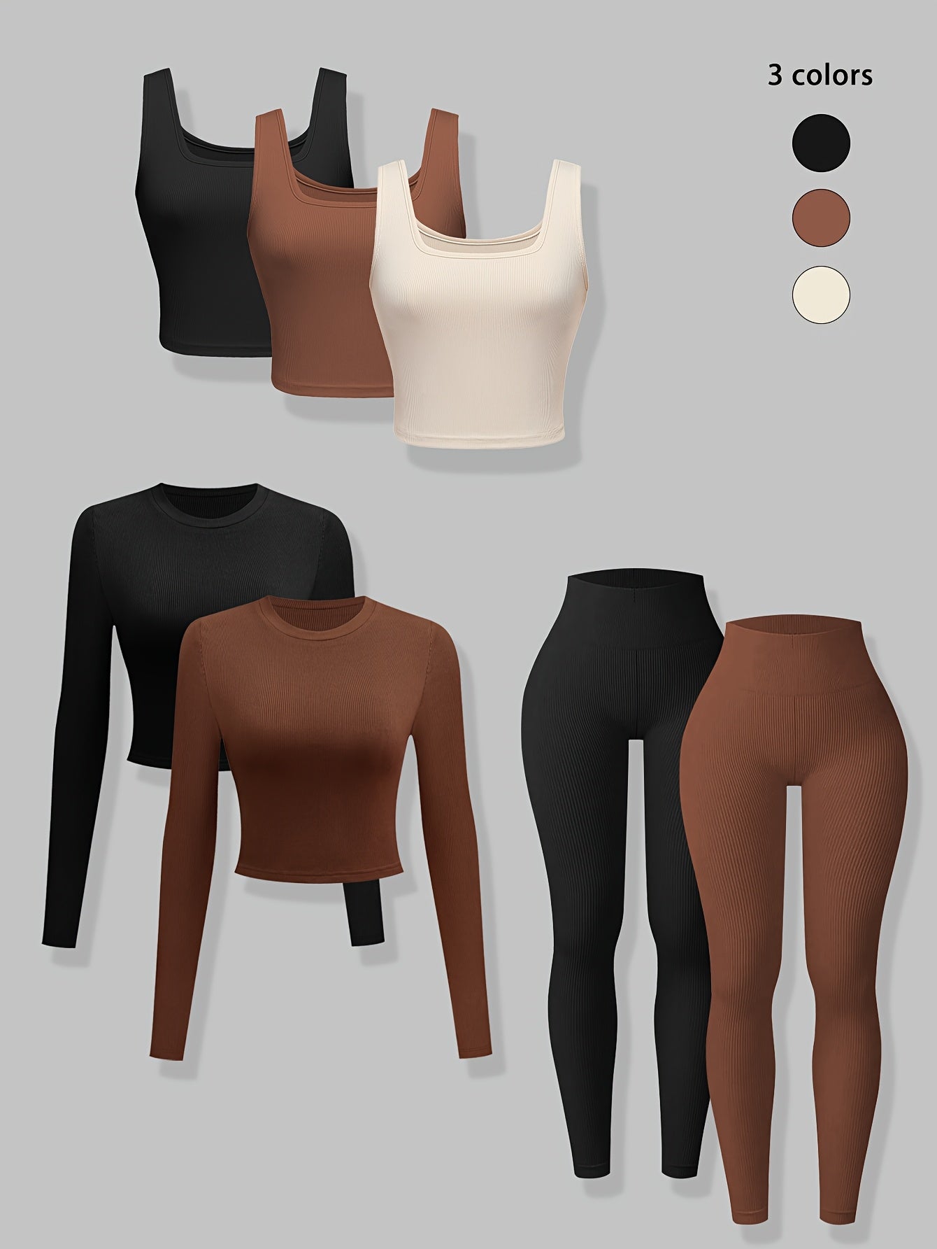 7 Piece Ribbed Knit Set: Long Sleeve Crop Tops &amp; High Waisted Leggings in Black, Beige &amp; Brown