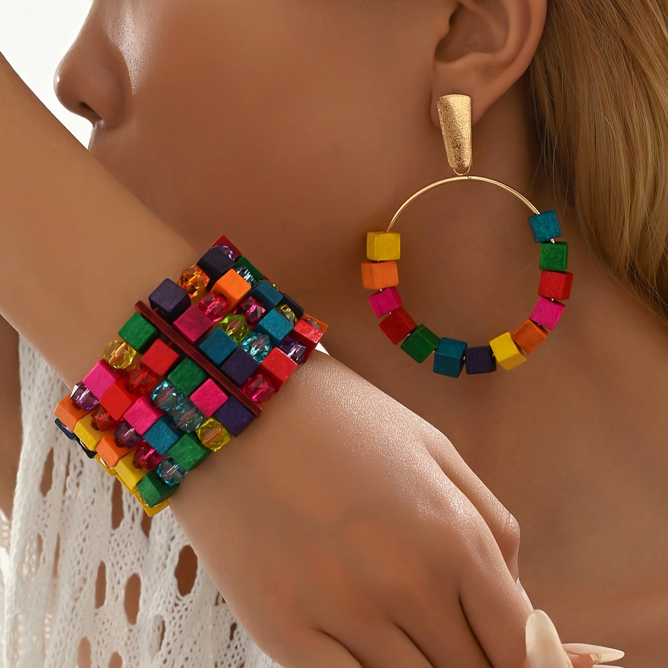 Boho Colorful Wooden Bracelet with Dangle Earrings - 7 Pieces