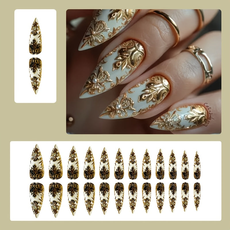 Set of 24 elegant press-on nails with 3D gold floral design