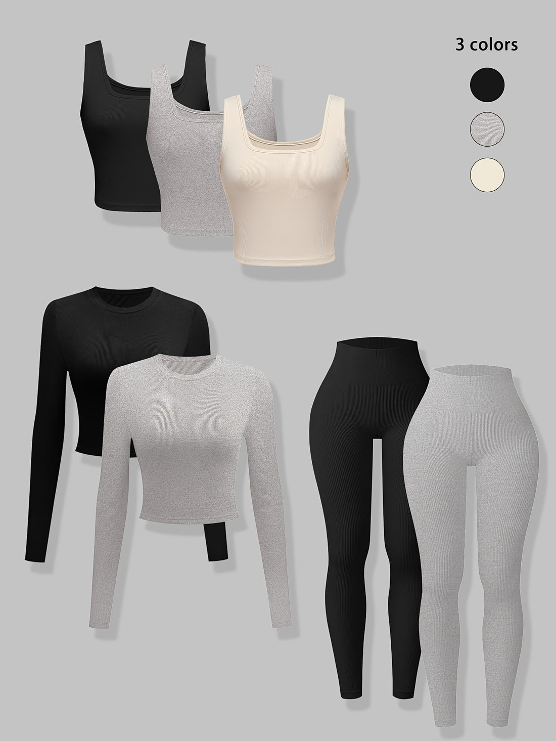 7 Piece Ribbed Knit Set: Long Sleeve Crop Tops &amp; High Waisted Leggings in Black, Beige &amp; Brown