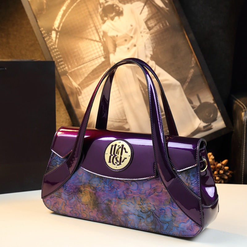 Elegant Leather Crossbody Bag with Purple Floral Pattern and Gold Accents