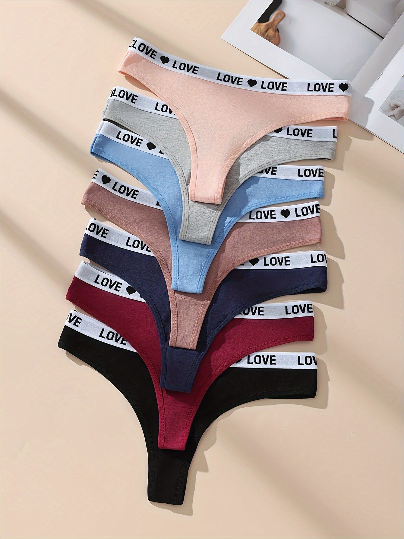 7 Pcs Women's Low Rise Thong Panties Set with Heart Pattern