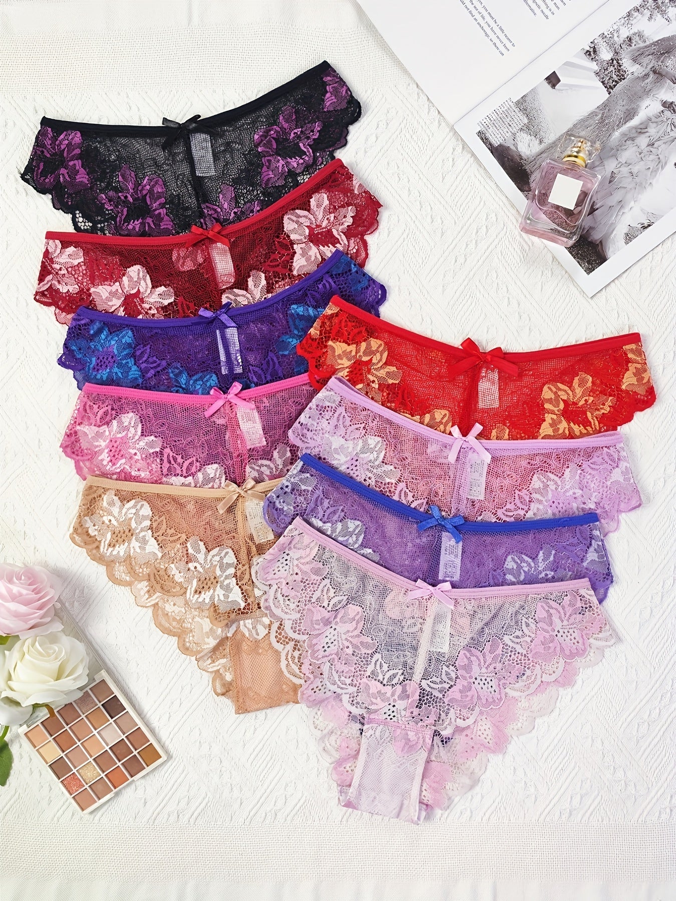 9pcs Semi-Sheer Floral Lace Bias Binding Panties