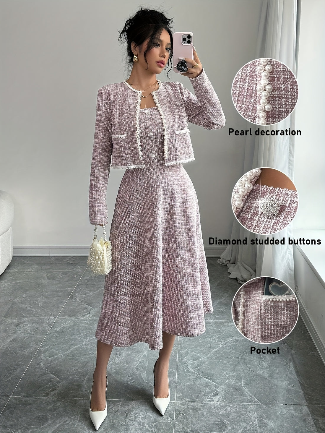 Ensemble Robe Tube et Veste Manches Longues en Lotus Rose