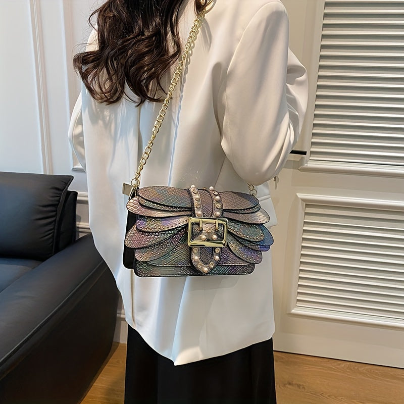 Holographic Butterfly Shoulder Bag with Pearl Chain