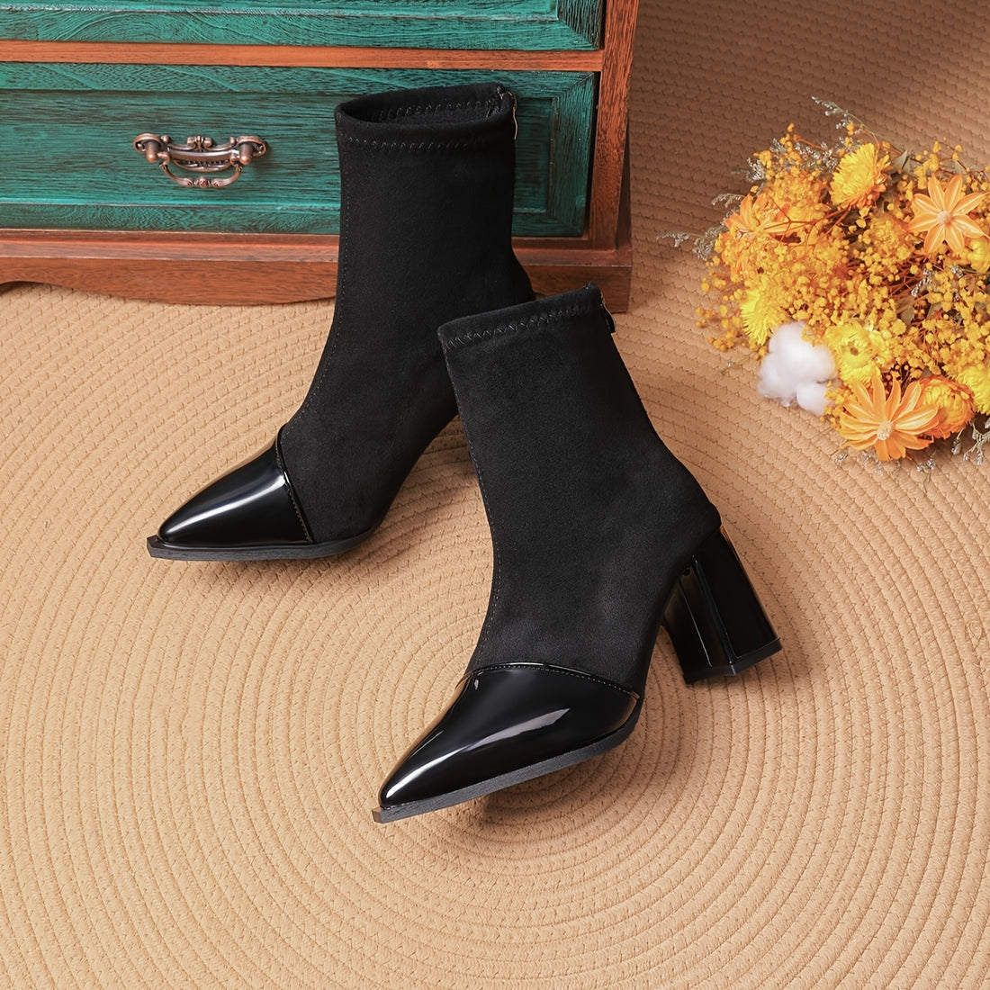 Women's Elegant Block Heel Ankle Boots - Korean Style