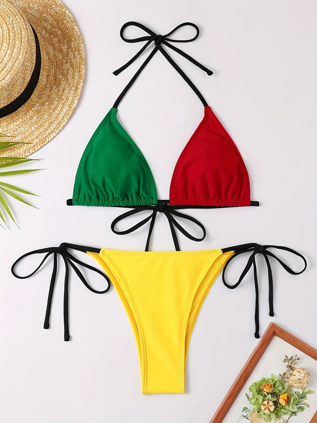 Bikini Deux Pièces en Triangle Coloré avec Dos Nu