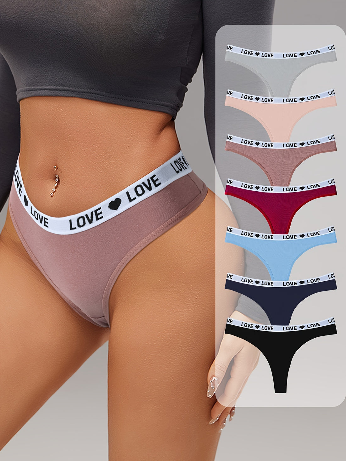 7 Pcs Women's Low Rise Thong Panties Set with Heart Pattern