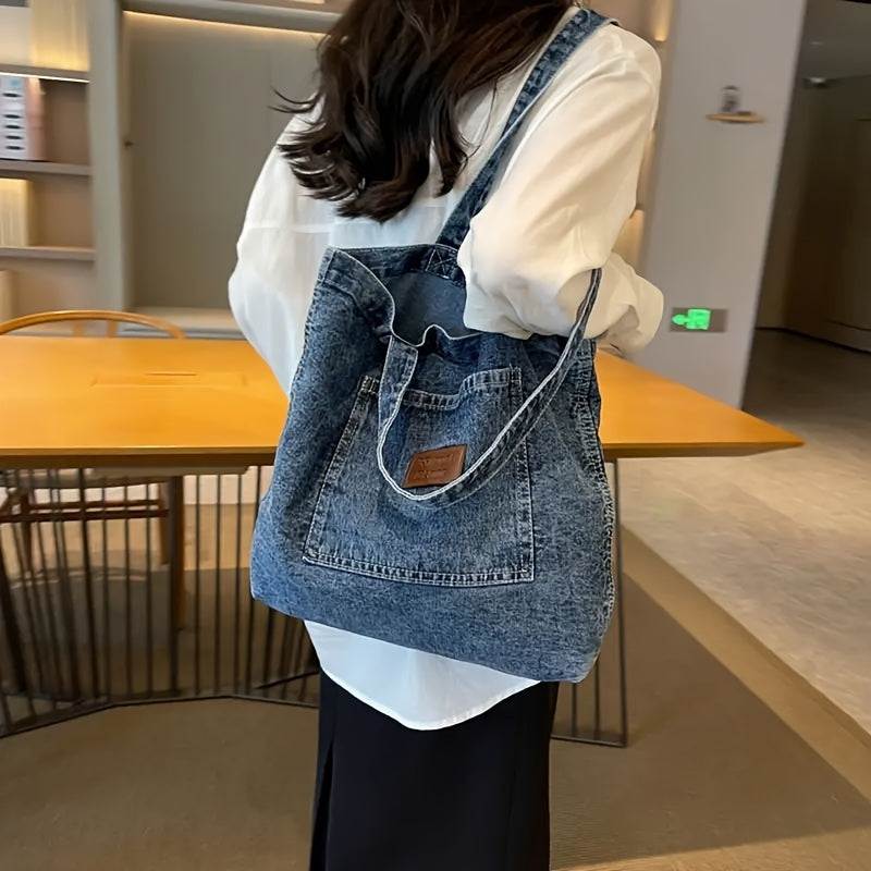 Lightweight Denim Tote Bag with Magnetic Closure - Chic and Versatile