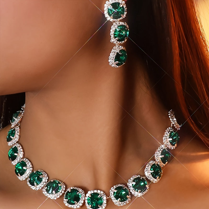 Elegant Silver Bridal Jewelry with Green Necklace