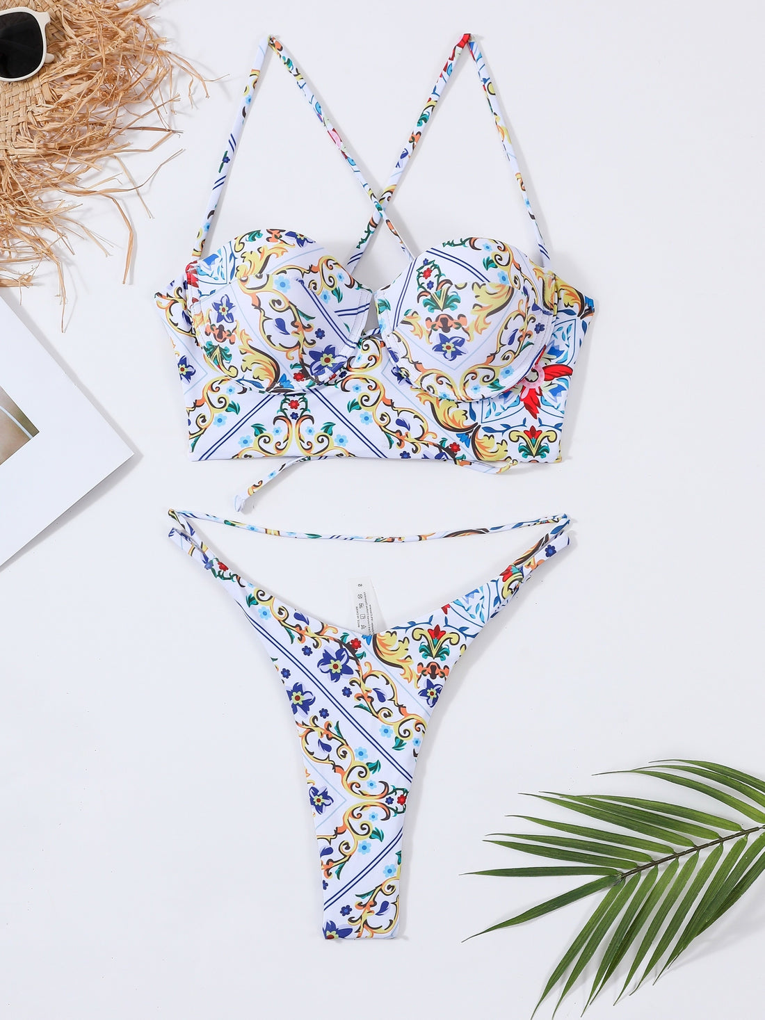 Bikini Sexy Imprimé Florale Tropicale avec Bonnet Dur