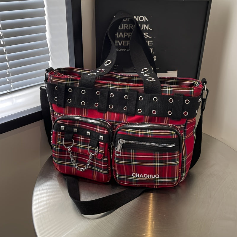 Sac fourre-tout vintage en tartan avec rivets