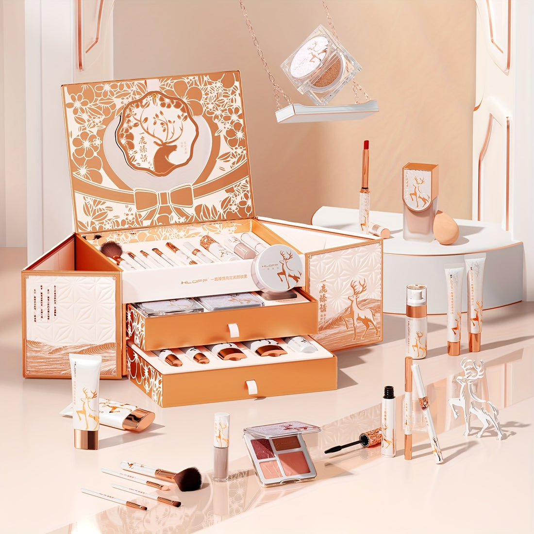 Coffret de Maquillage et Soin Luxueux en Or Rose