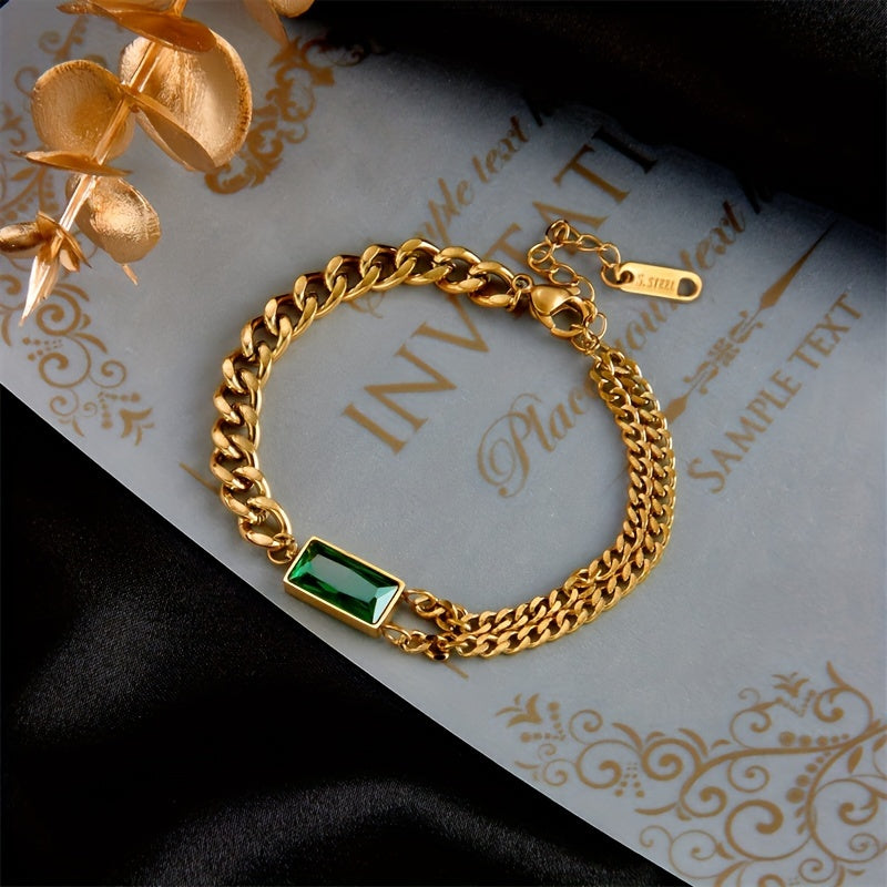 Green Square Stainless Steel Bracelet with Gold Chain