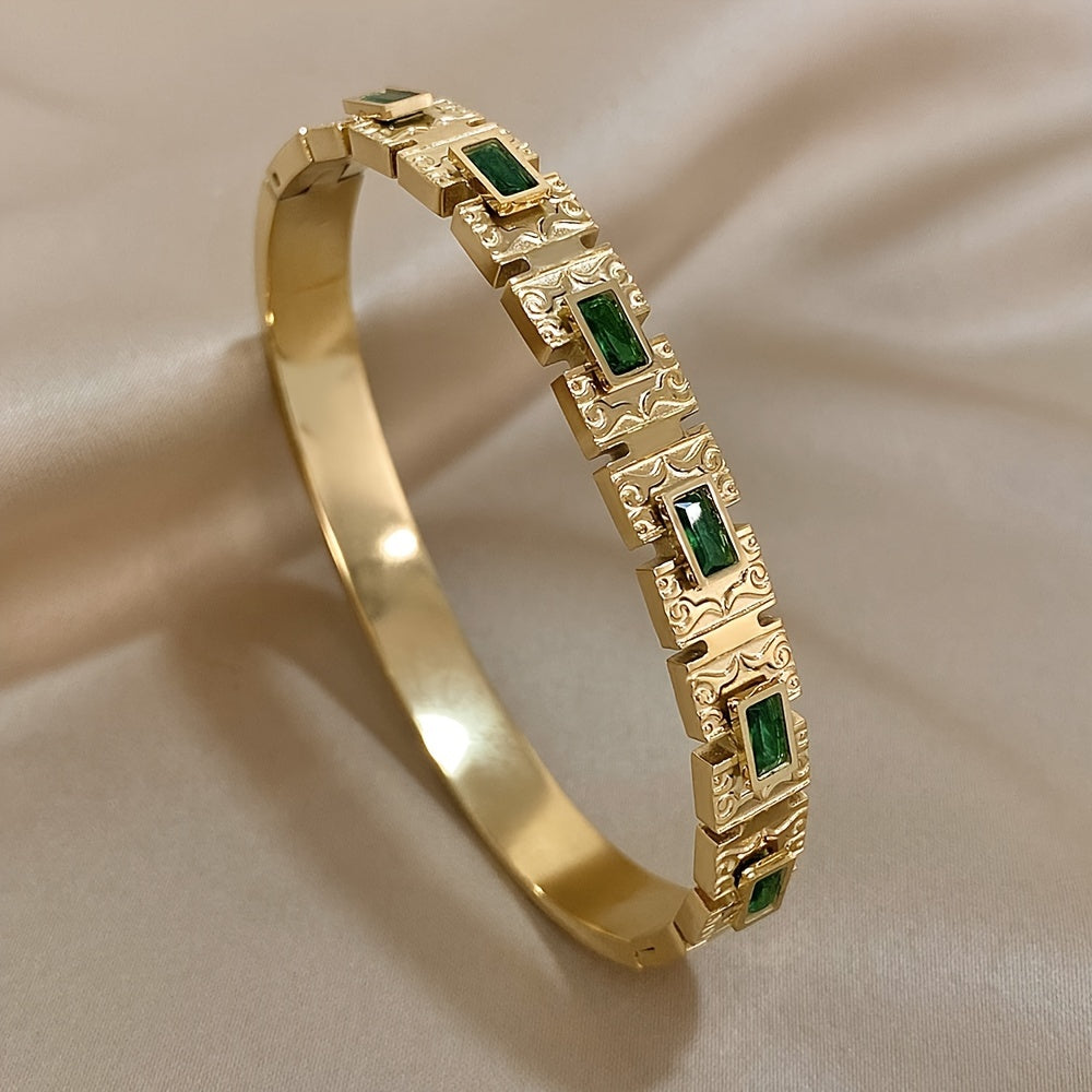 Vintage Stainless Steel Bracelet with Emerald Zirconia Inlay